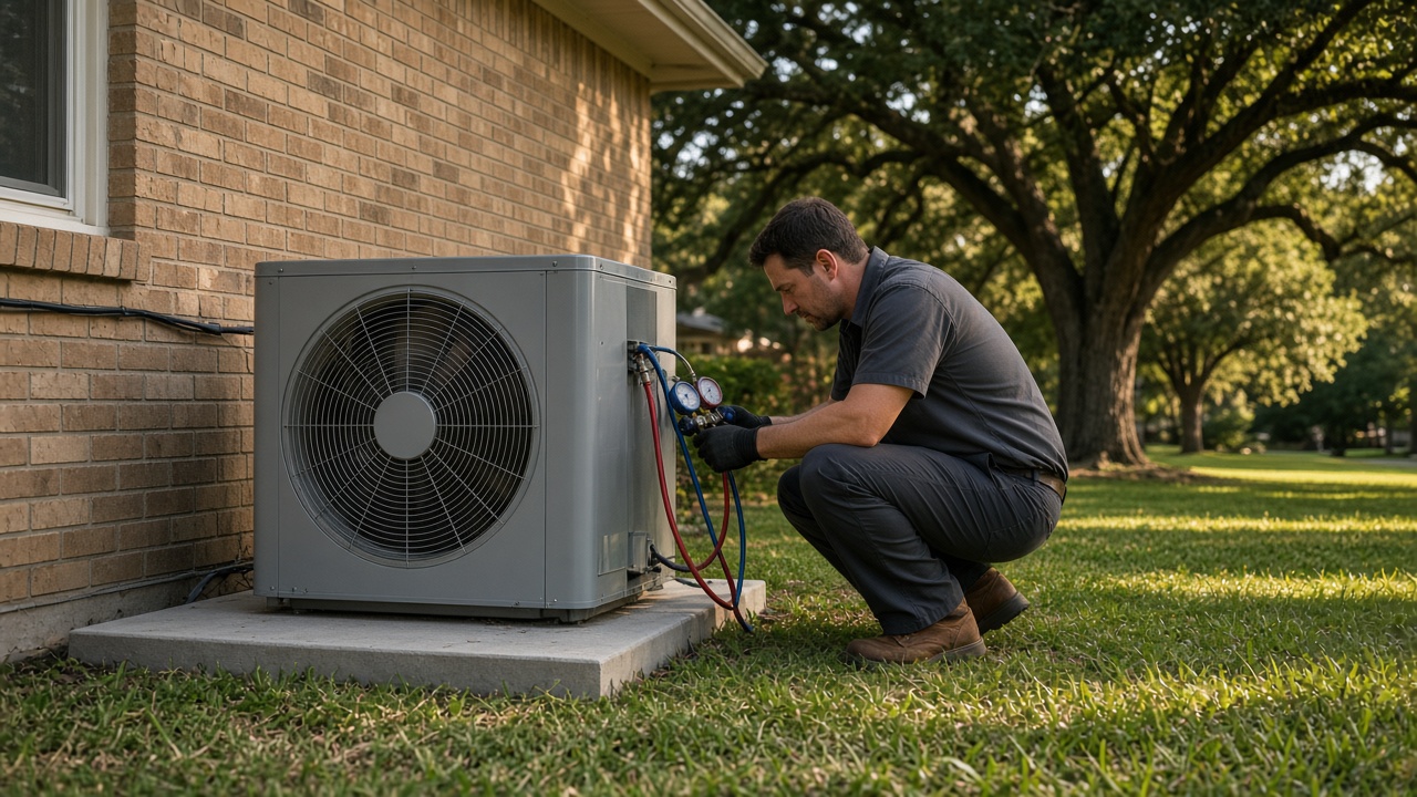 Technician at an outdoor condenser